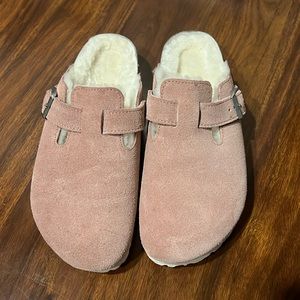 Pink shearling Birkenstocks Boston’s